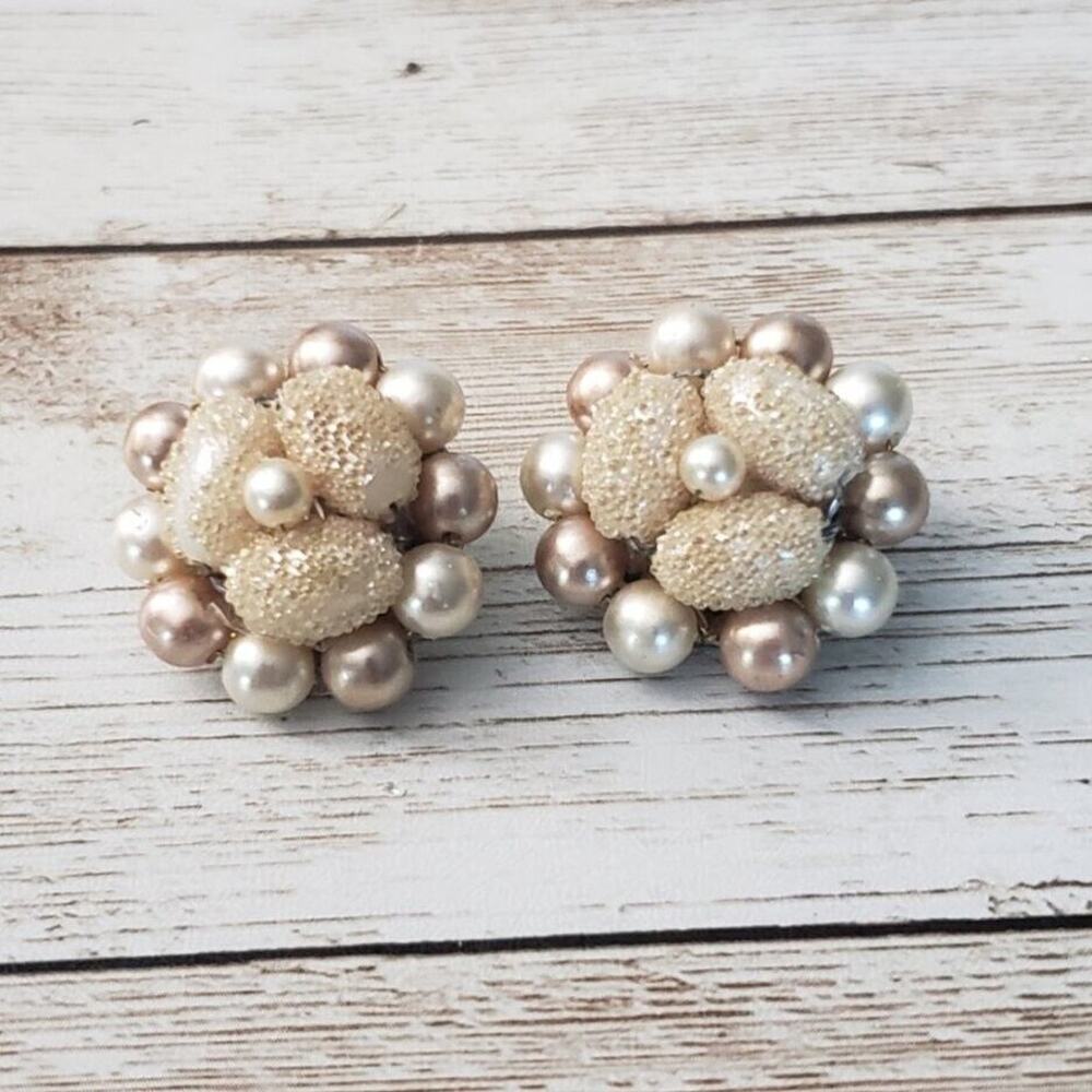 Vintage Clip On Earrings Champagne Tones Cluster Statement Earrings